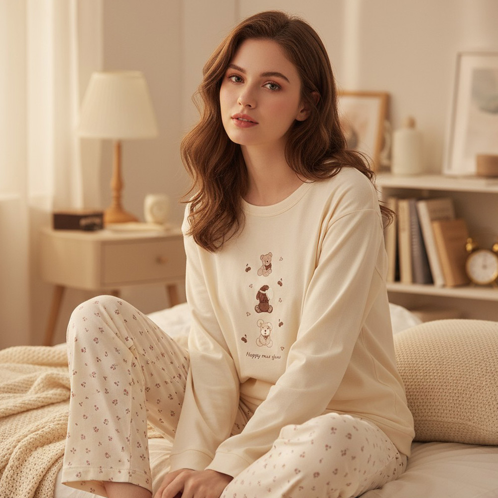 櫻桃茸萌 舒柔睡衣睡褲成套組(奶茶色)