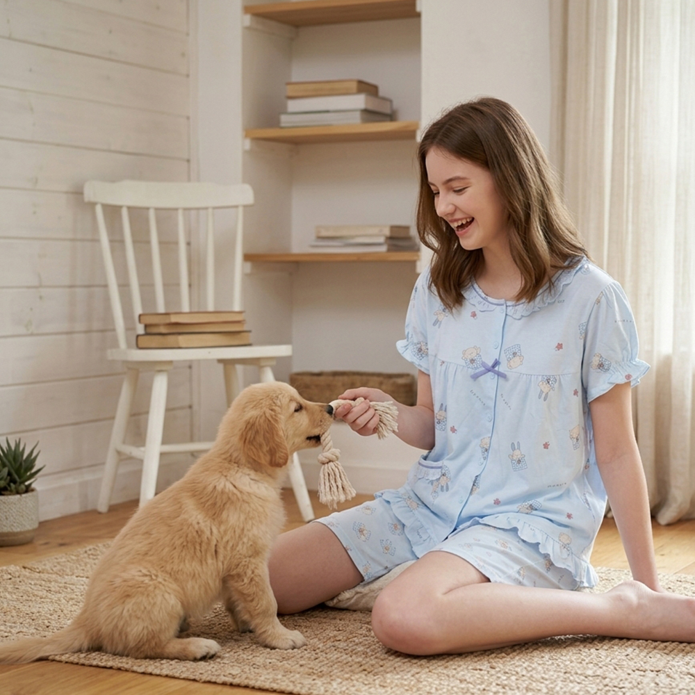 睡萌聚落 柔軟舒眠棉質 睡衣睡褲成套組(藍色)