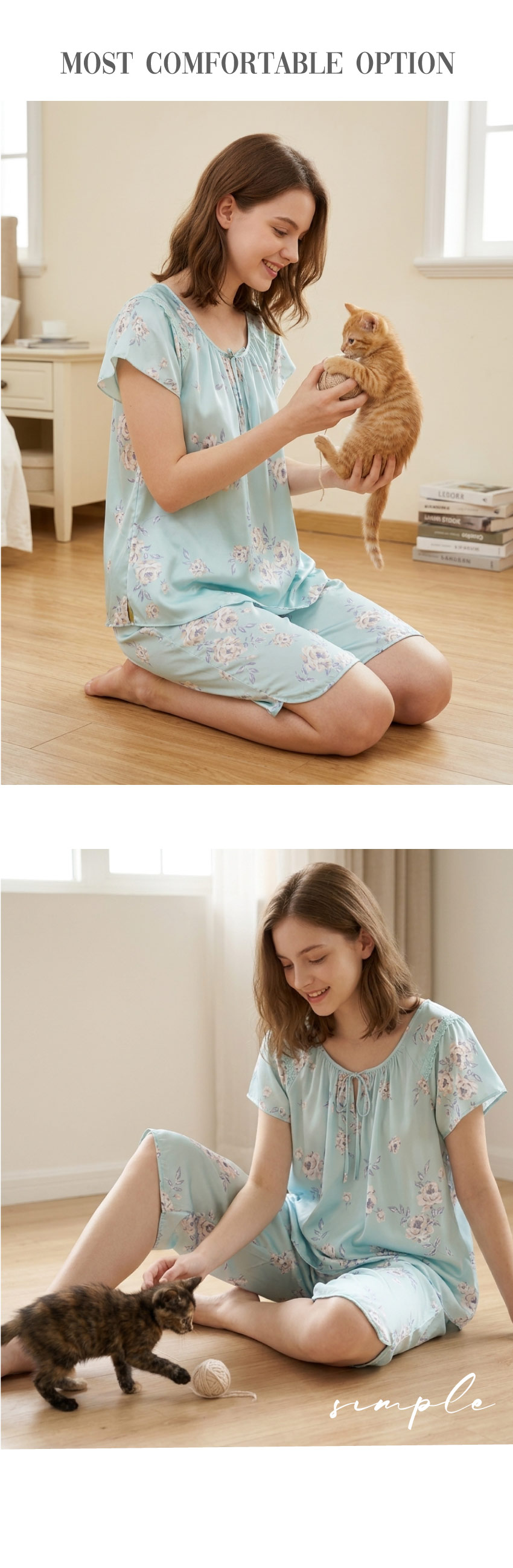 藍綠花影 舒眠細滑絲質 睡衣睡褲成套組(綠)