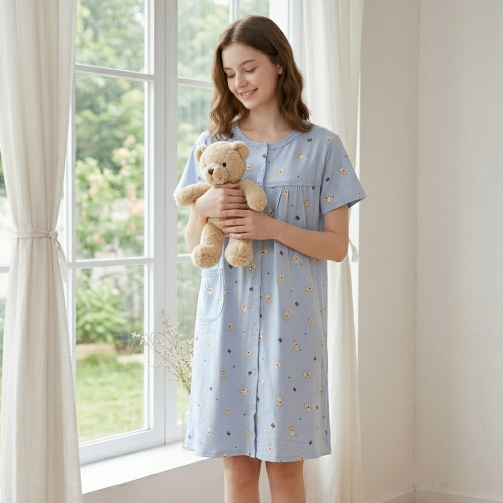 掬米熊熊 柔軟舒眠棉質 連身裙睡衣(藍)