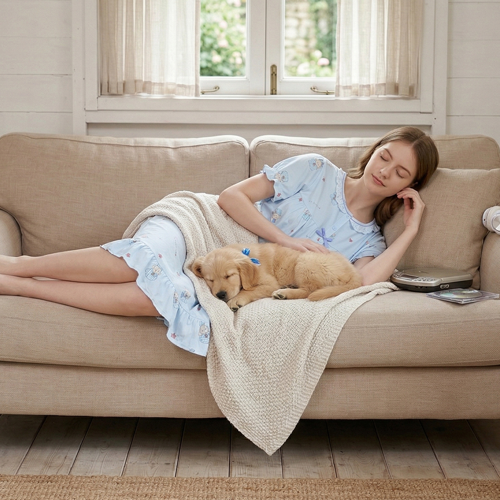 睡萌聚落 柔軟舒眠棉質 連身裙睡衣(藍)