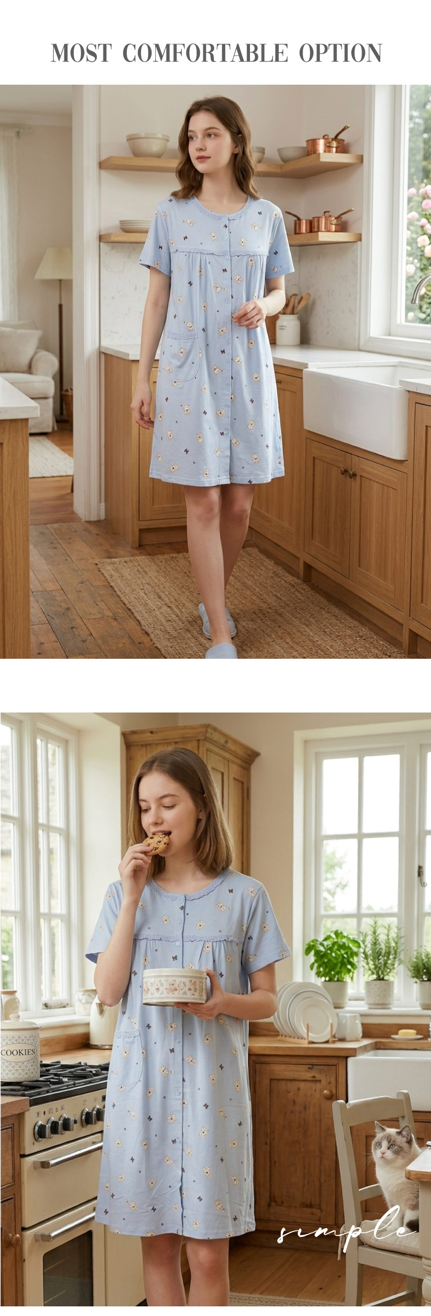 掬米熊熊 柔軟舒眠棉質 連身裙睡衣(藍)