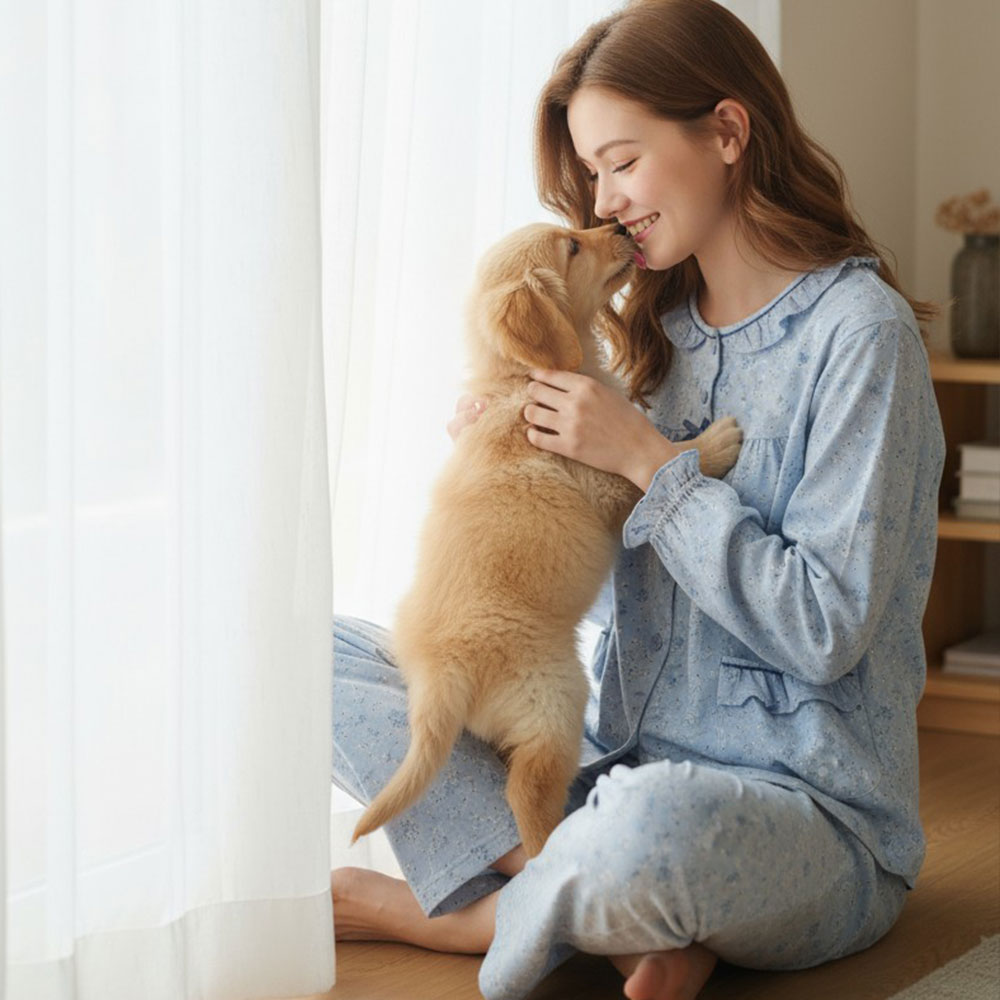 田園小花 柔軟舒眠棉質 睡衣睡褲成套組(藍色)