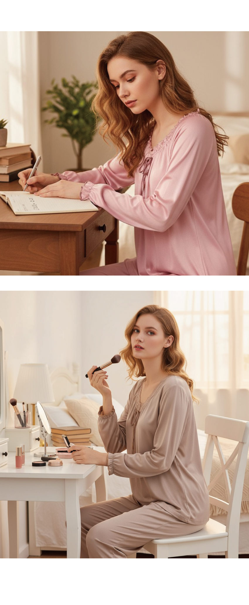 微光 絲柔緞面 睡衣睡褲成套組(駱駝色)