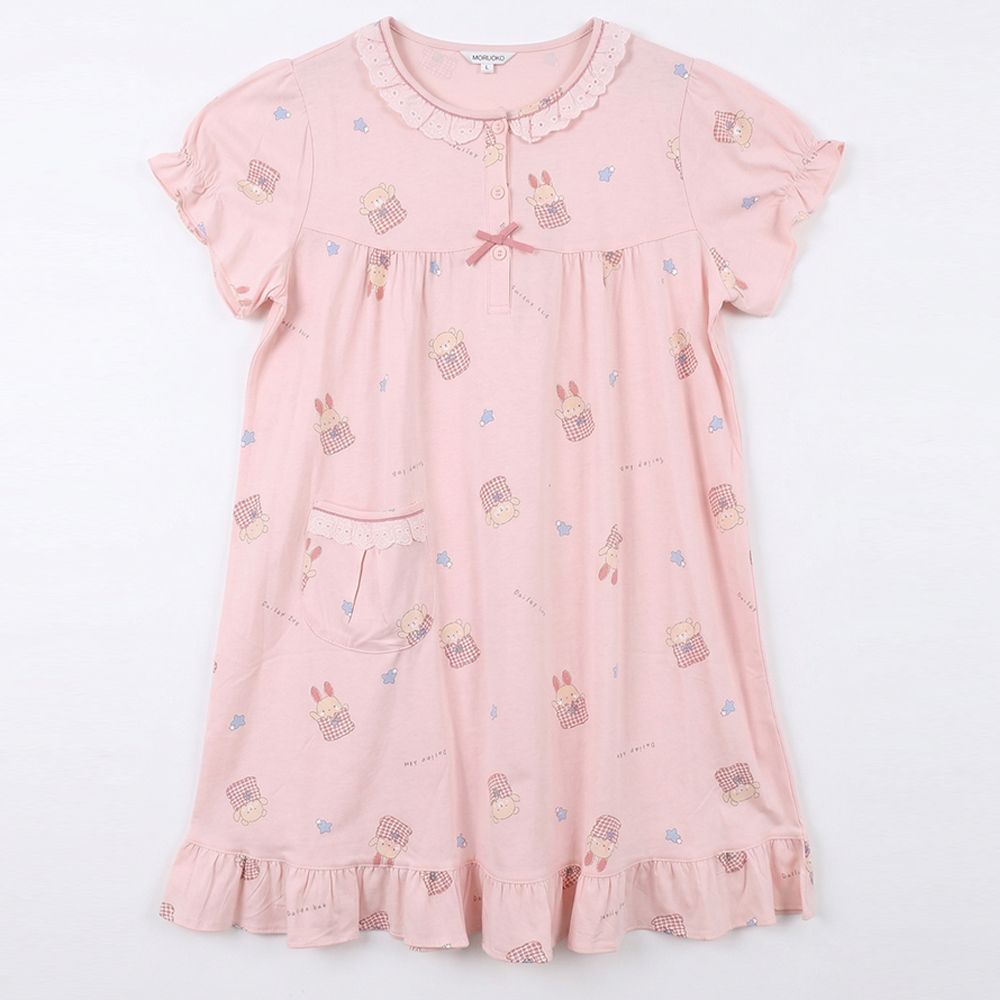 睡萌聚落 柔軟舒眠棉質 連身裙睡衣(粉)