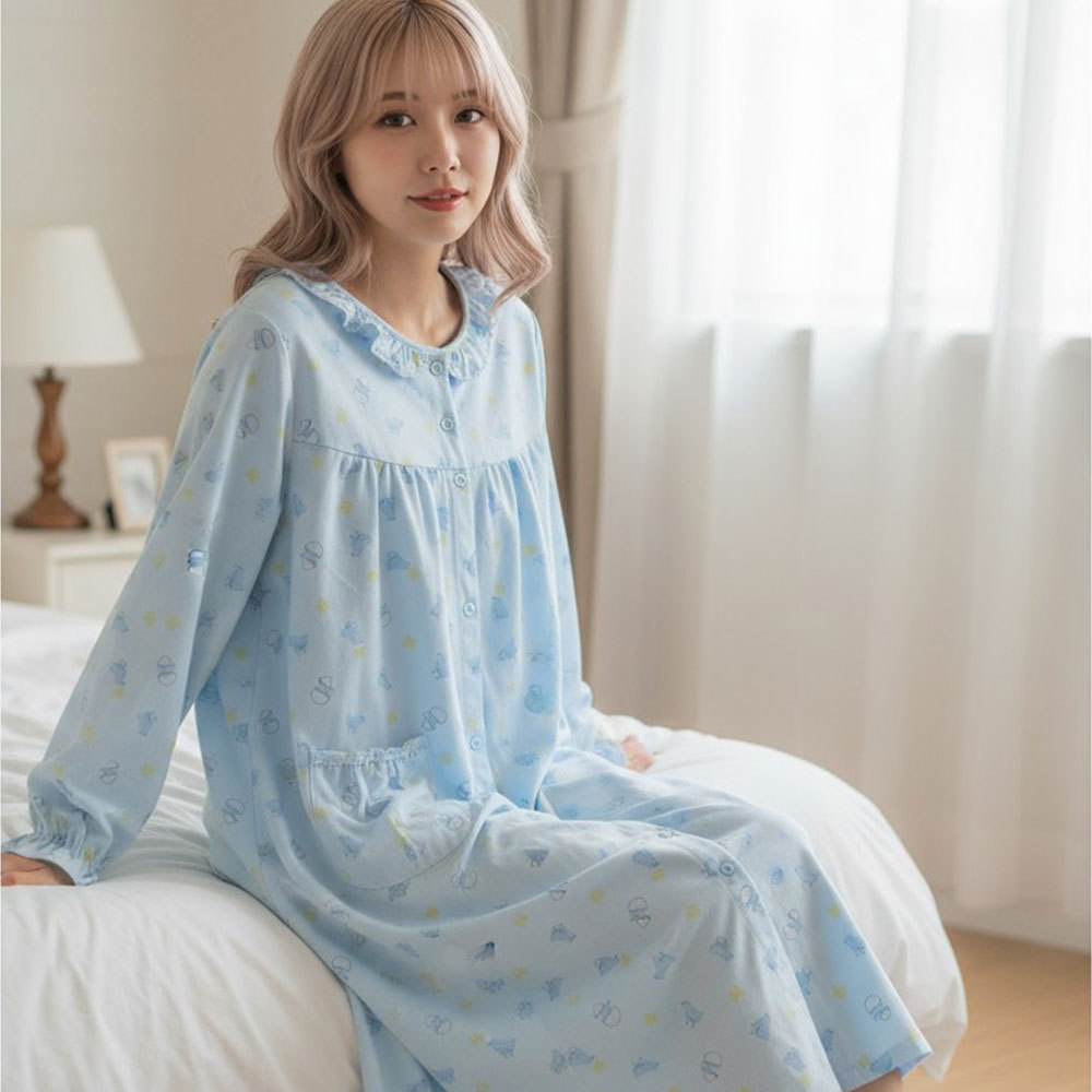萌感小雞 柔軟舒眠棉質 連身裙睡衣(藍色)