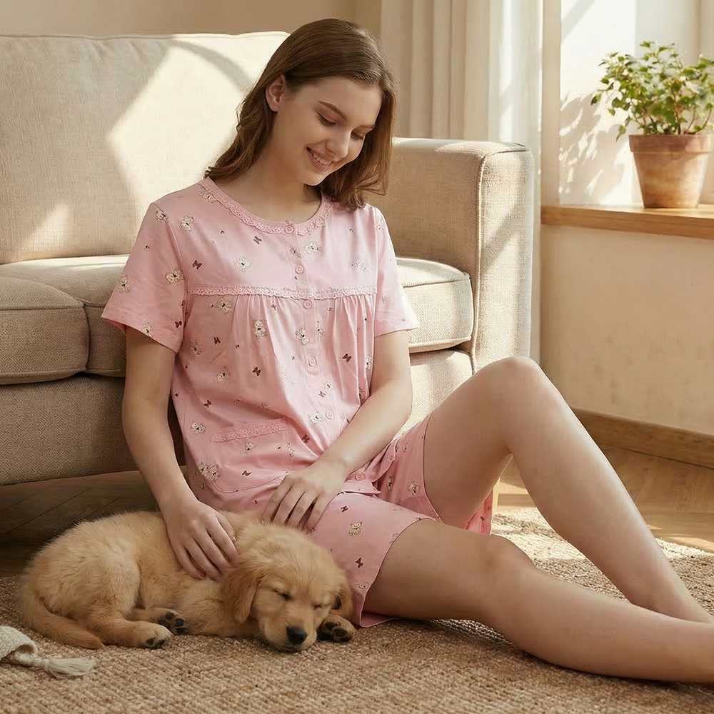 掬米熊熊 柔軟舒眠棉質 睡衣睡褲成套組(粉)