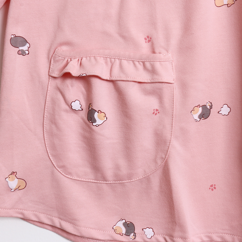 軟萌柯基 柔軟舒眠棉質 睡衣睡褲成套組(粉柑色)