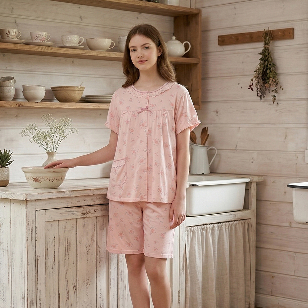 水漾小花 柔軟舒眠棉質 睡衣睡褲成套組(粉色)