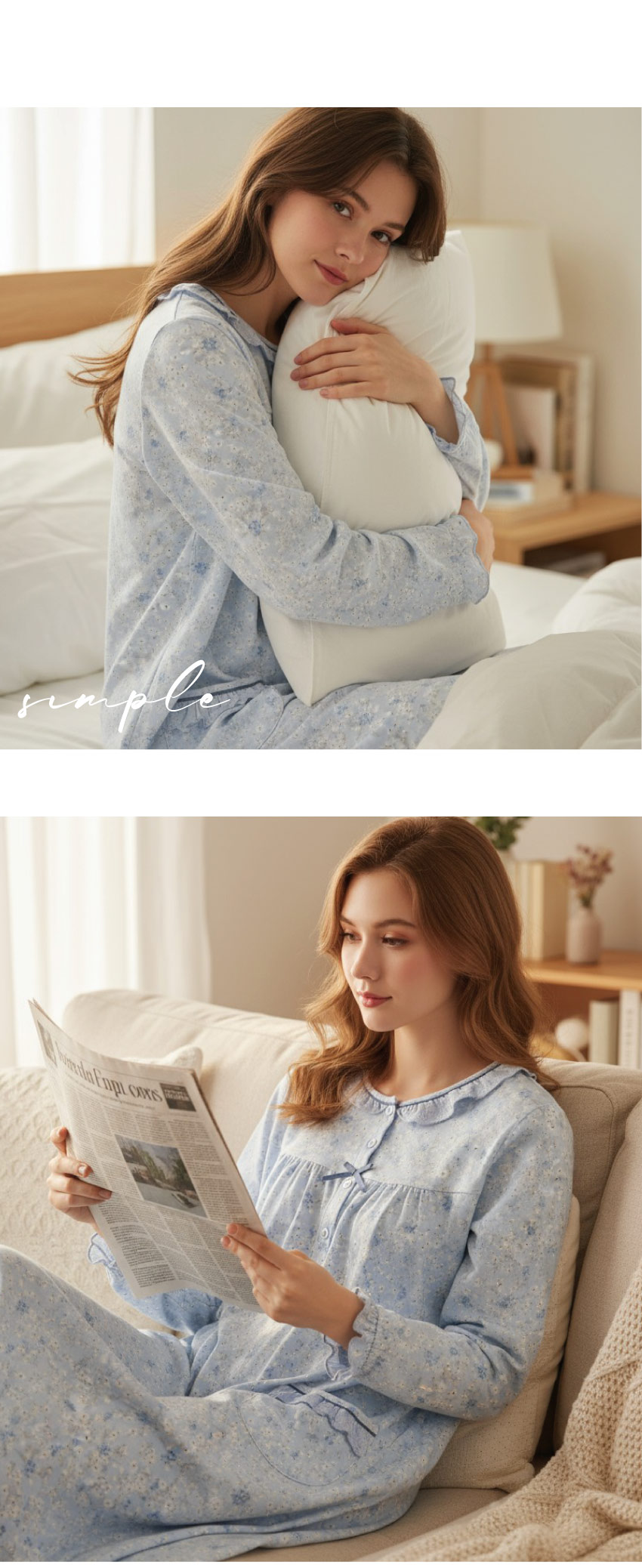 田園小花 柔軟舒眠棉質 連身裙睡衣(藍色)