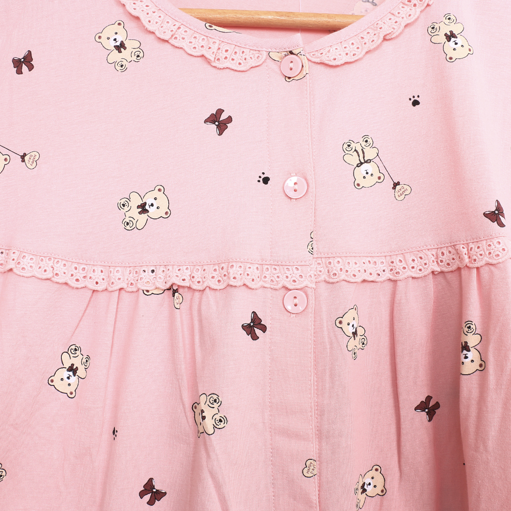 掬米熊熊 柔軟舒眠棉質 連身裙睡衣(粉)