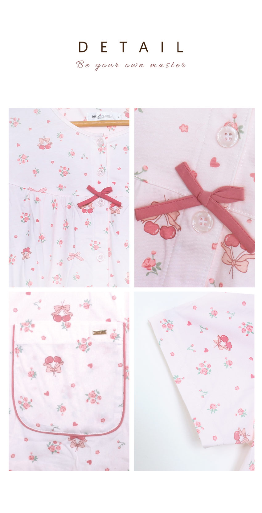 櫻桃小花 柔軟舒眠棉質 睡衣睡褲成套組(粉色)