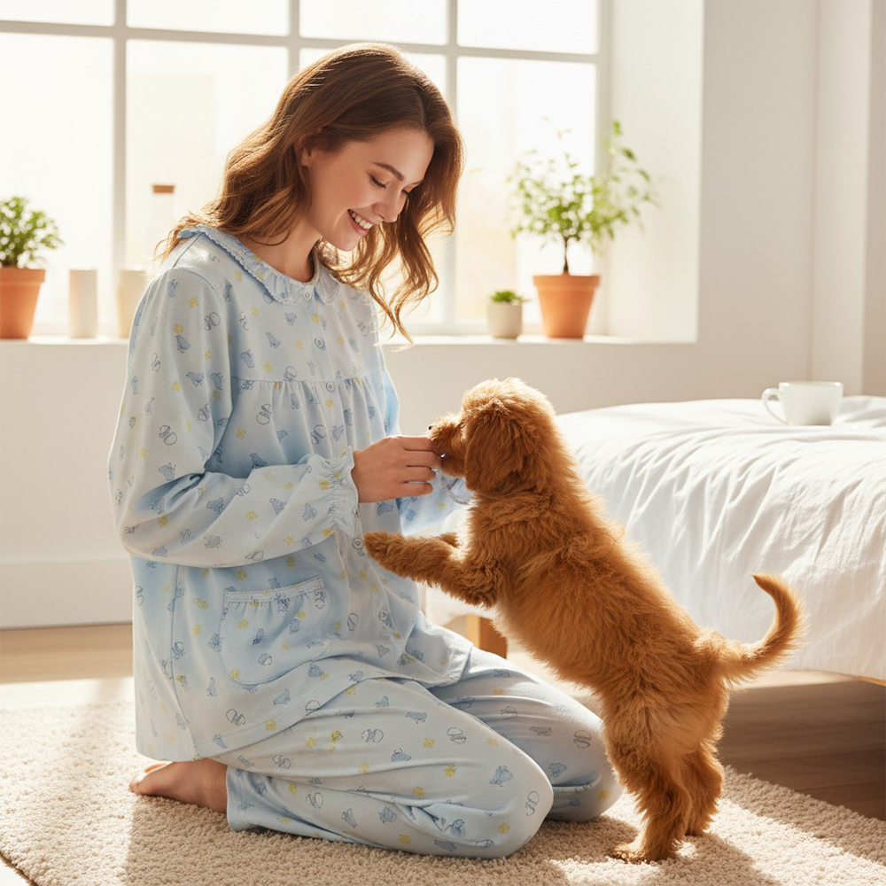 萌感小雞 柔軟舒眠棉質 睡衣睡褲成套組(藍色)