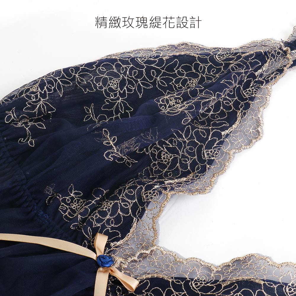 玫瑰花園 柔紗 細肩帶性感連身裙睡衣(藍)