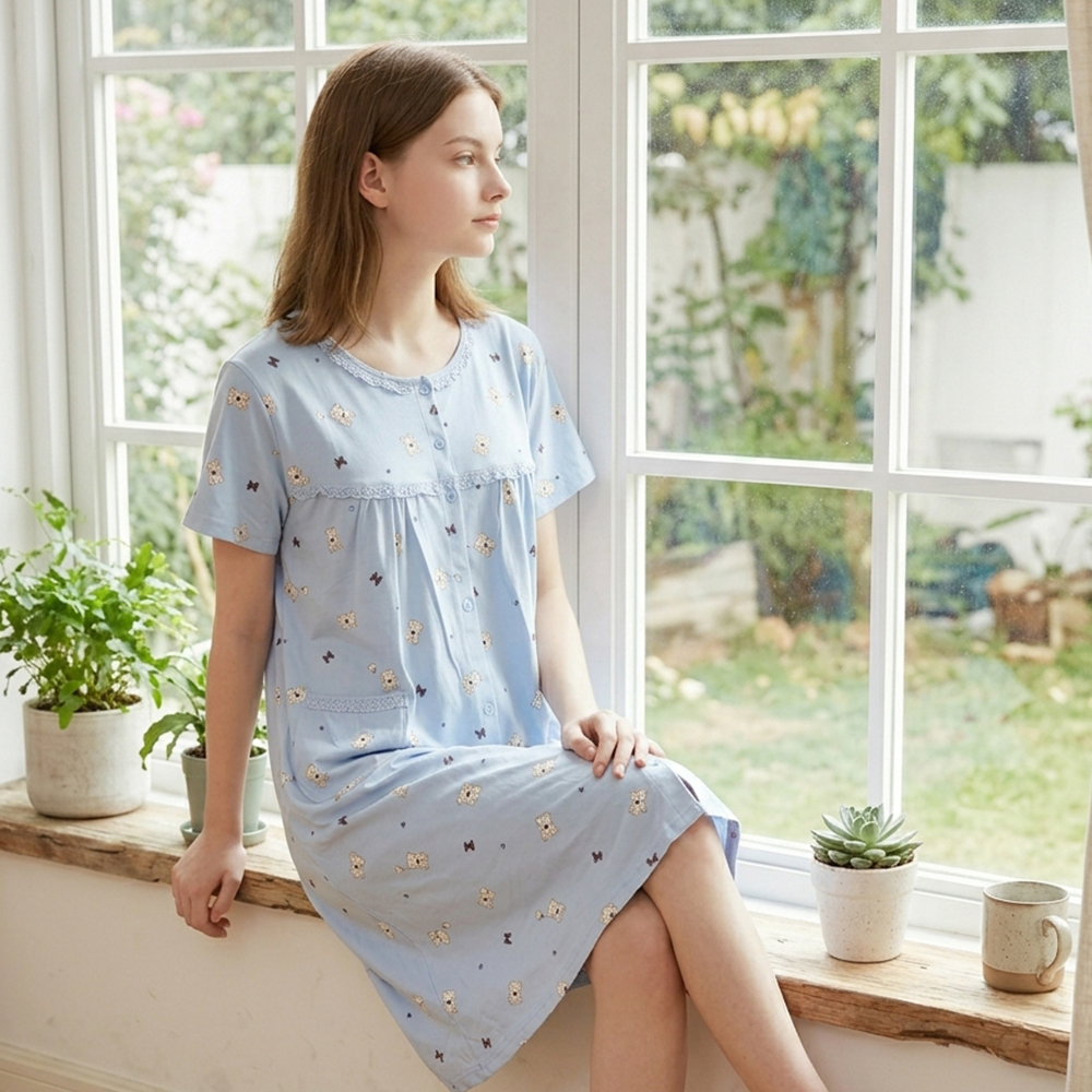 掬米熊熊 柔軟舒眠棉質 連身裙睡衣(藍)