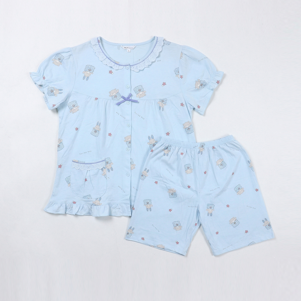 睡萌聚落 柔軟舒眠棉質 睡衣睡褲成套組(藍色)