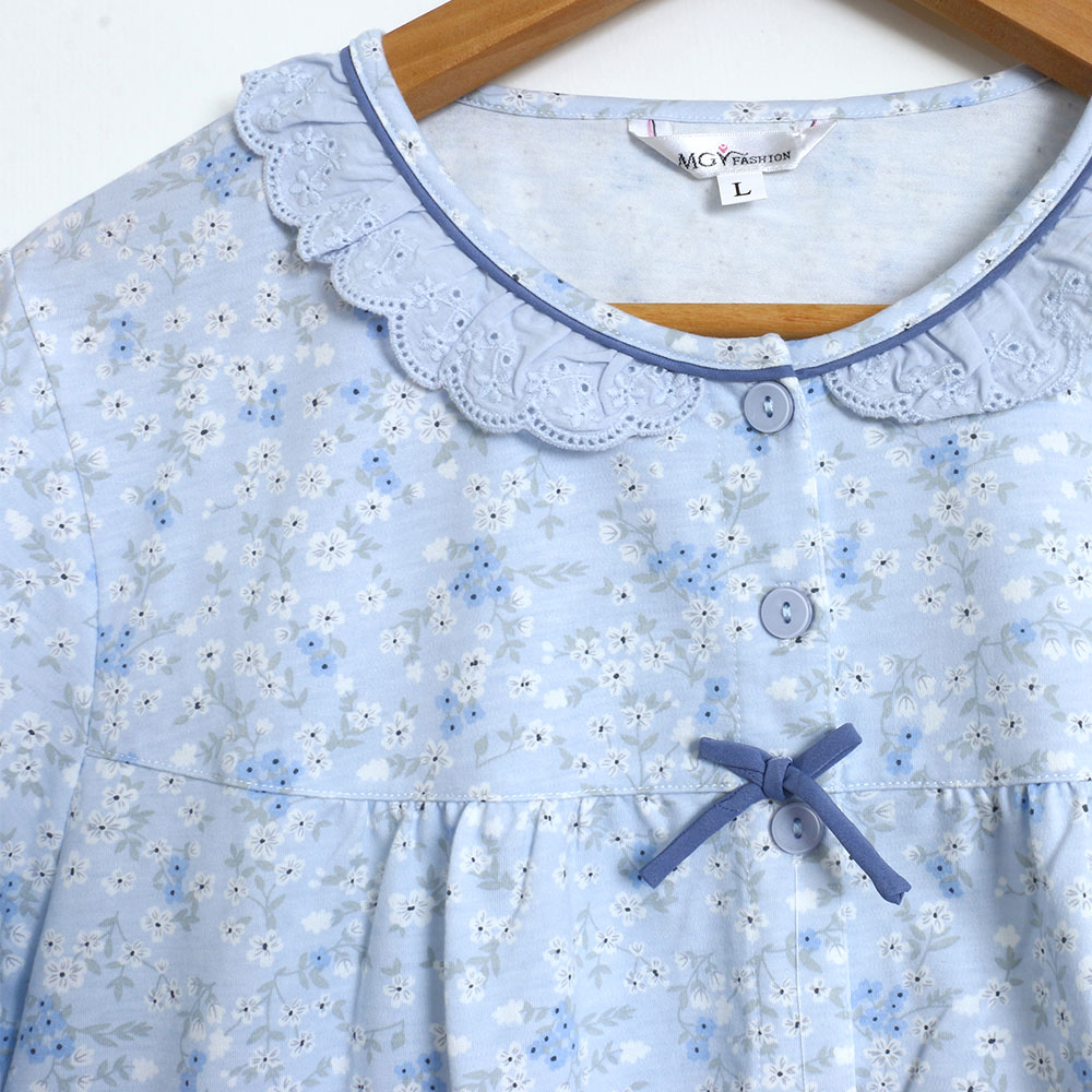 田園小花 柔軟舒眠棉質 連身裙睡衣(藍色)