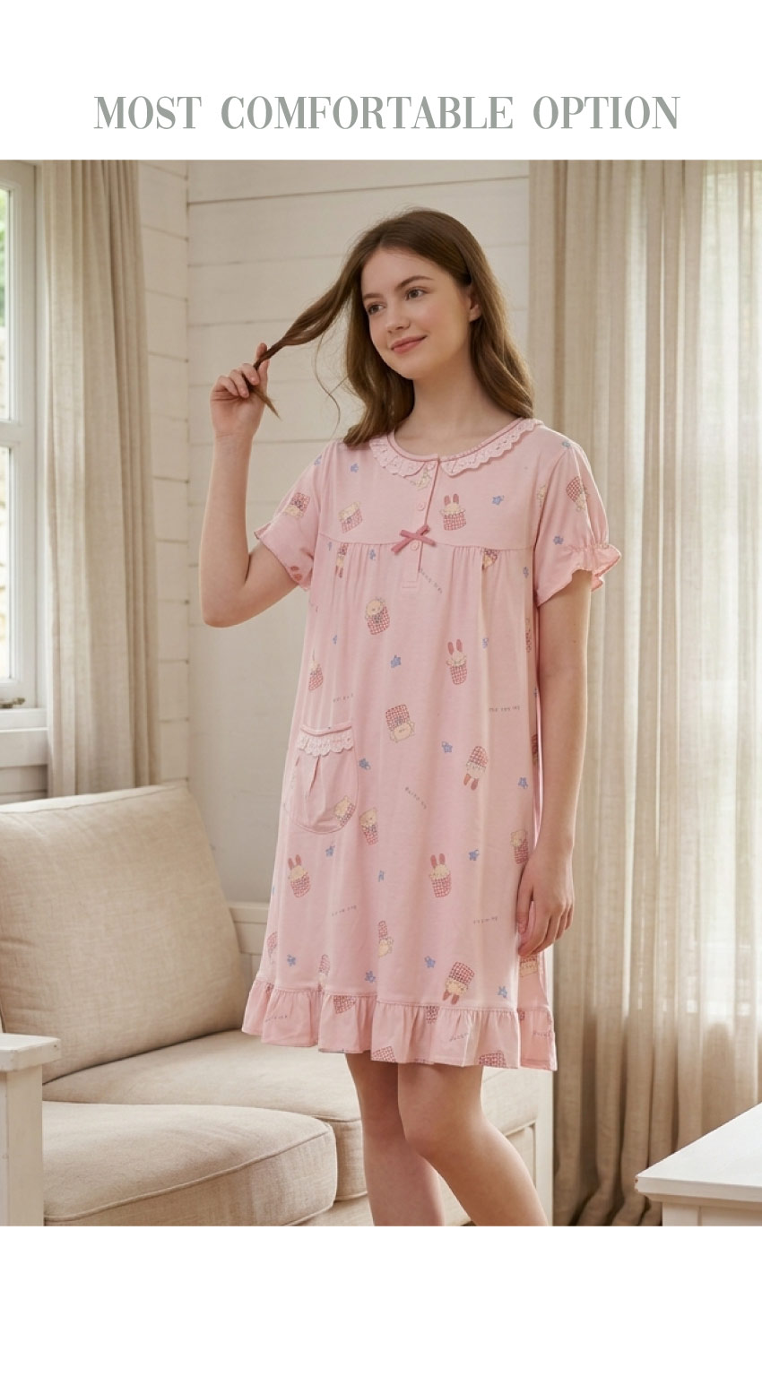 睡萌聚落 柔軟舒眠棉質 連身裙睡衣(粉)