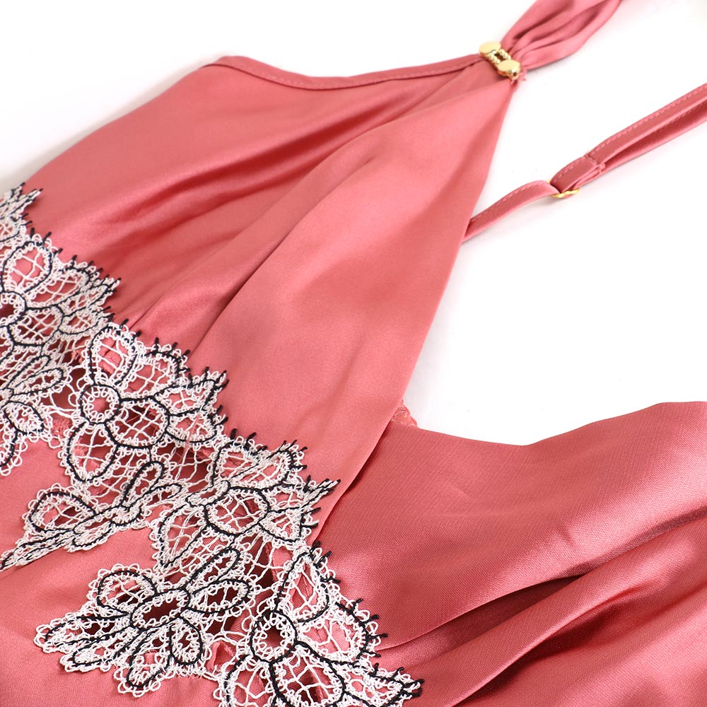 夜色時光 絲柔緞 細肩帶性感開岔連身裙睡衣(藍)