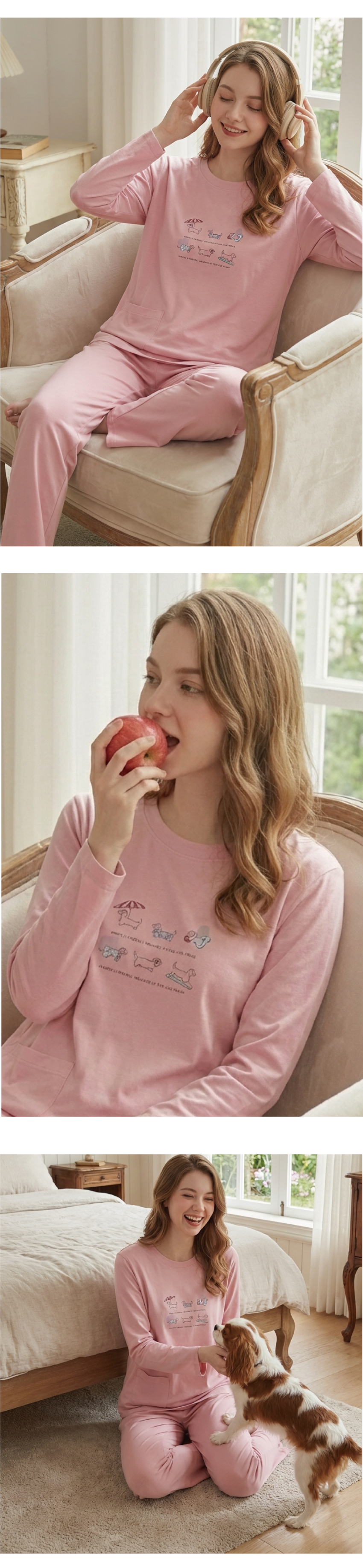 毛狗狗渡假中 柔軟舒眠棉質 睡衣睡褲成套組(粉色)