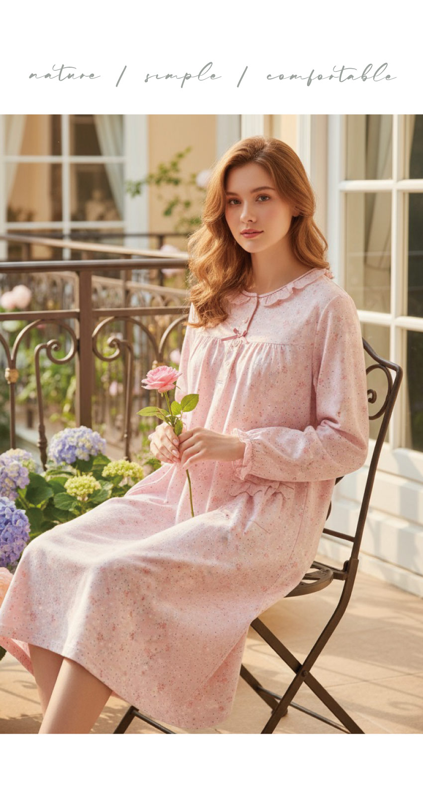 田園小花 柔軟舒眠棉質 連身裙睡衣(粉色)