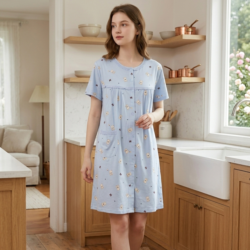 掬米熊熊 柔軟舒眠棉質 連身裙睡衣(藍)