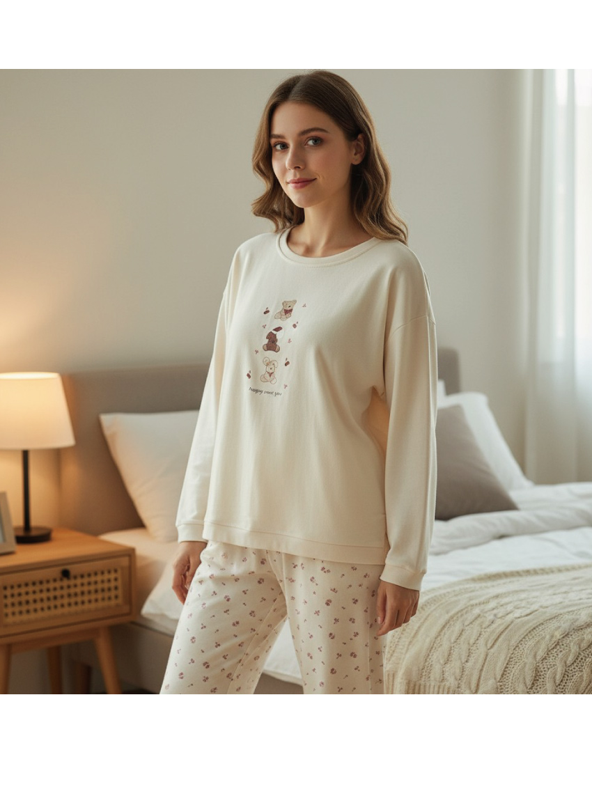 MIT台灣製 櫻桃茸萌 舒柔睡衣睡褲成套組(奶茶色)