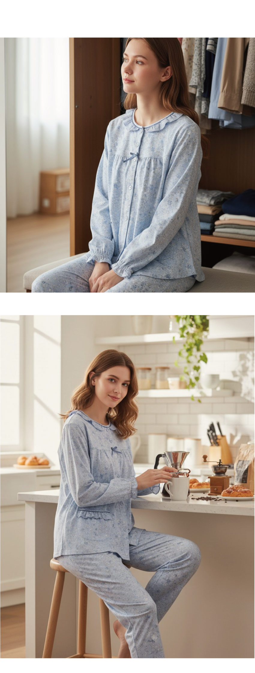 田園小花 柔軟舒眠棉質 睡衣睡褲成套組(藍色)