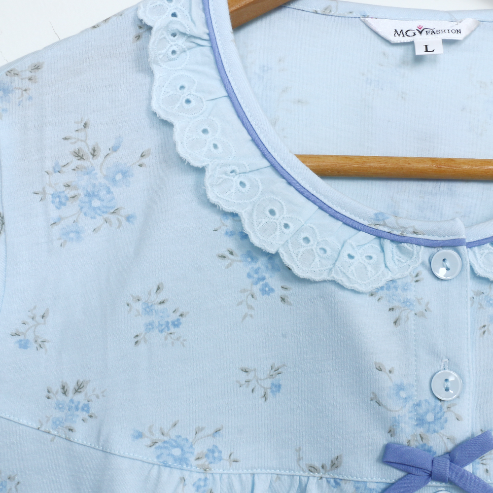 水漾小花 柔軟舒眠棉質 睡衣睡褲成套組(藍)