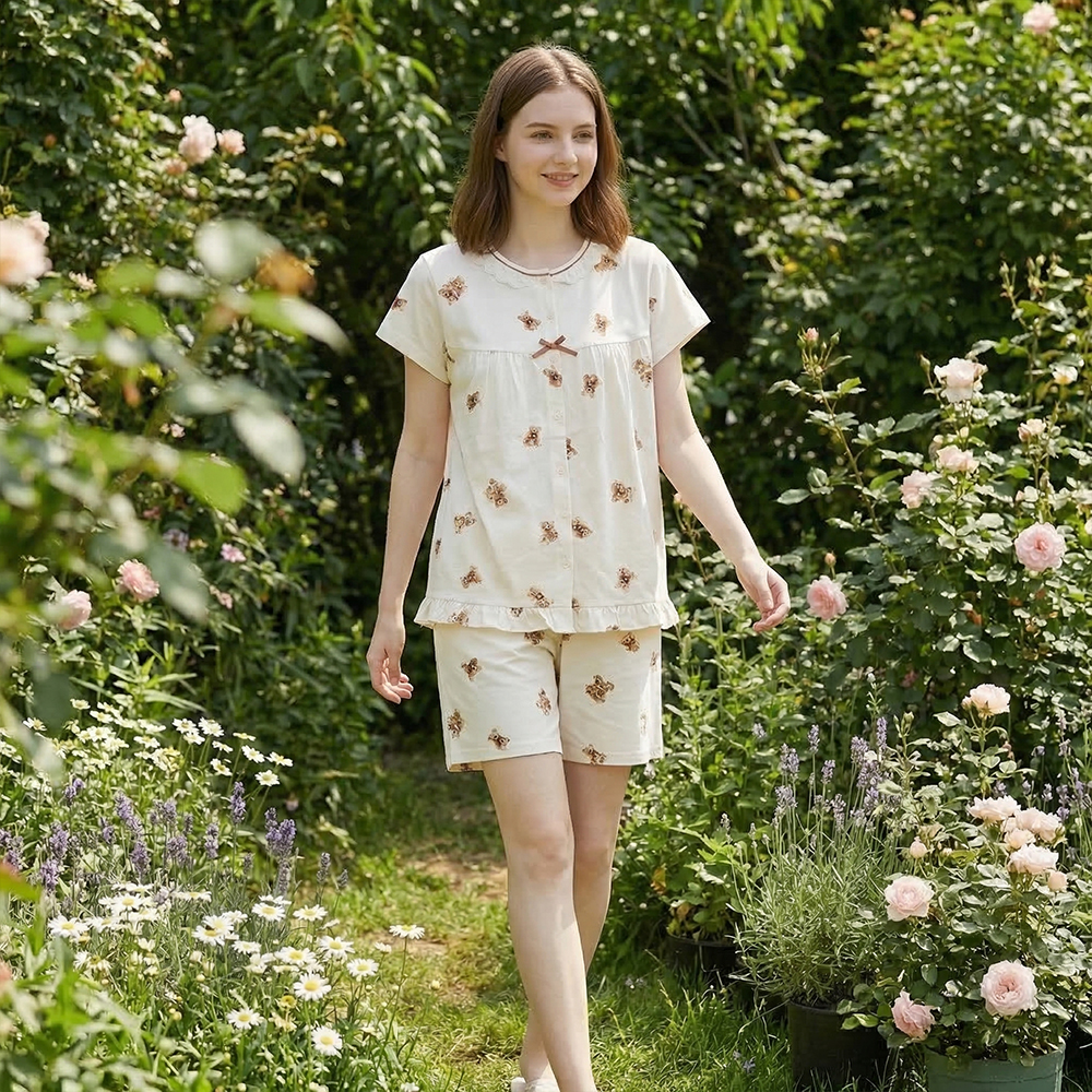 熱戀熊熊 柔軟舒眠棉質 睡衣睡褲成套組(米色)