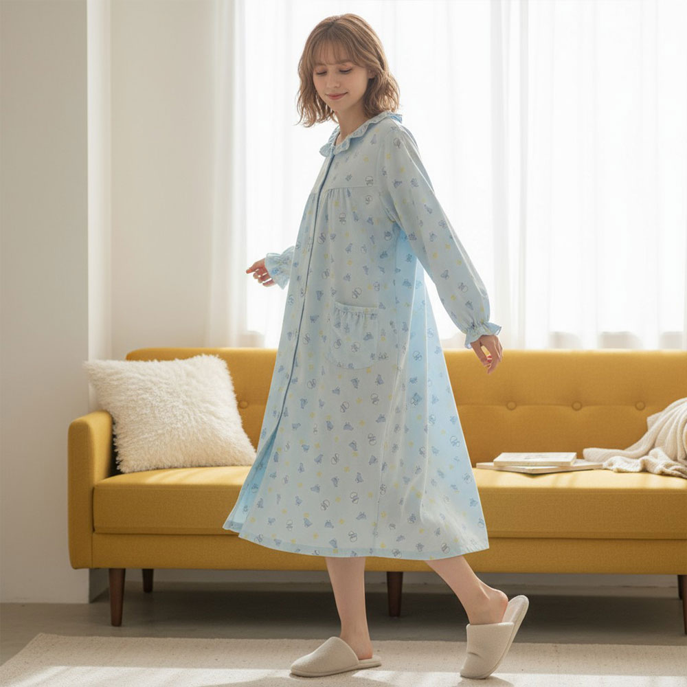 萌感小雞 柔軟舒眠棉質 連身裙睡衣(藍色)