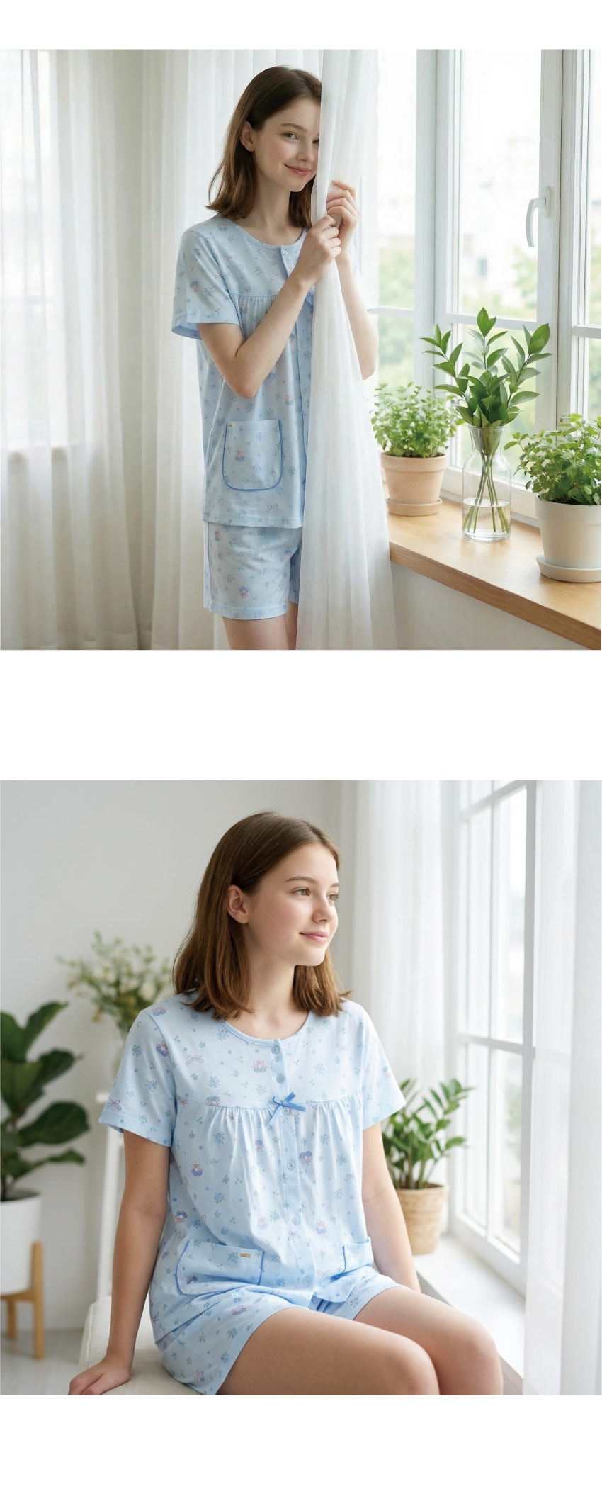 櫻桃小花 柔軟舒眠棉質 睡衣睡褲成套組(藍色)