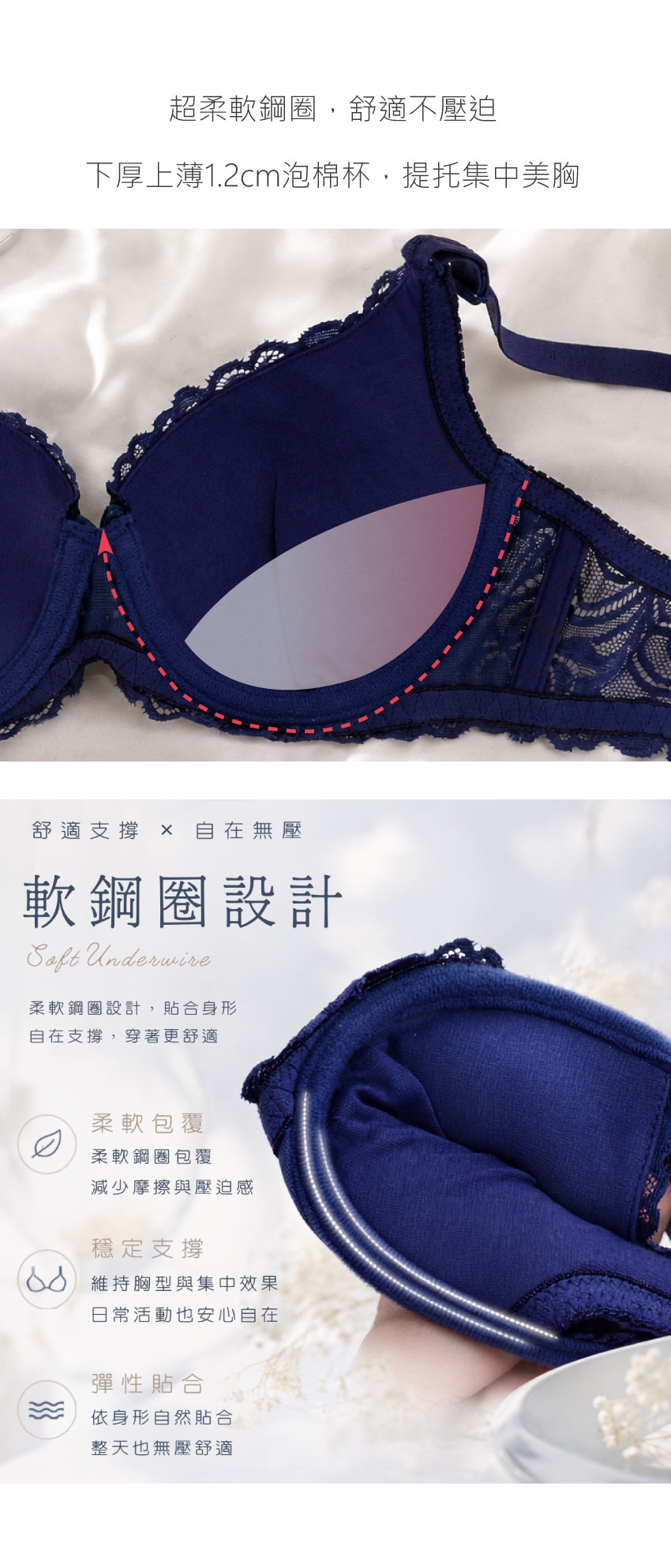 《軟鋼圈》法系女神花雕蕾絲內衣(紫藍色)32-34A