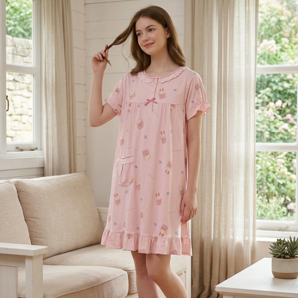 睡萌聚落 柔軟舒眠棉質 連身裙睡衣(粉)