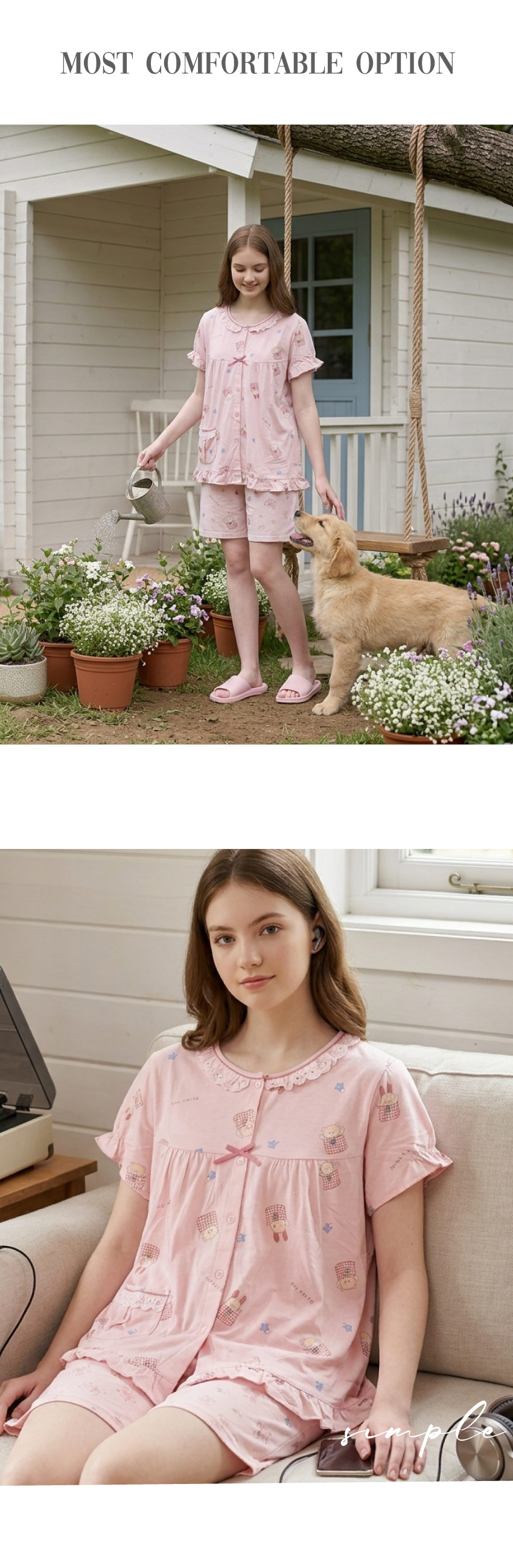 睡萌聚落 柔軟舒眠棉質 睡衣睡褲成套組(粉色)