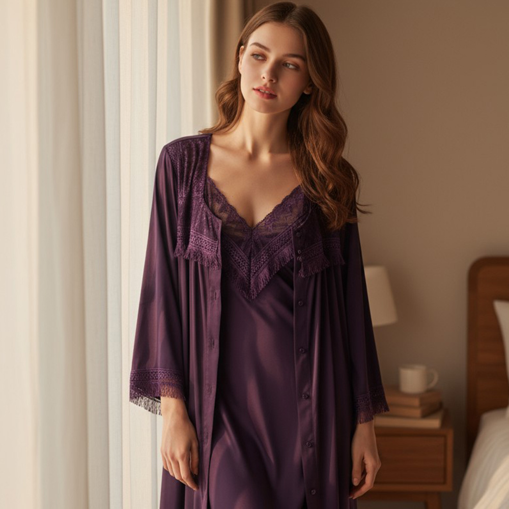 淡雅通透 流蘇蕾絲洋裝 外罩衫2件式睡衣(深紫色)