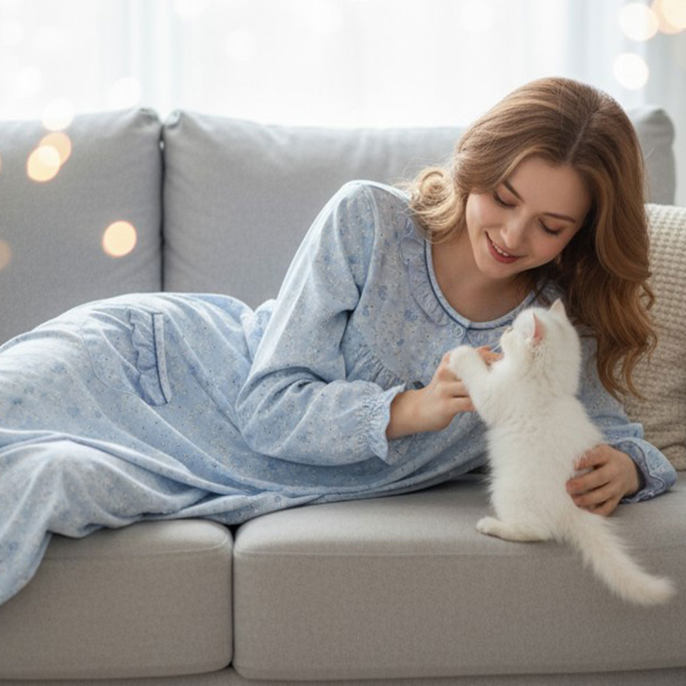 田園小花 柔軟舒眠棉質 連身裙睡衣(藍色)