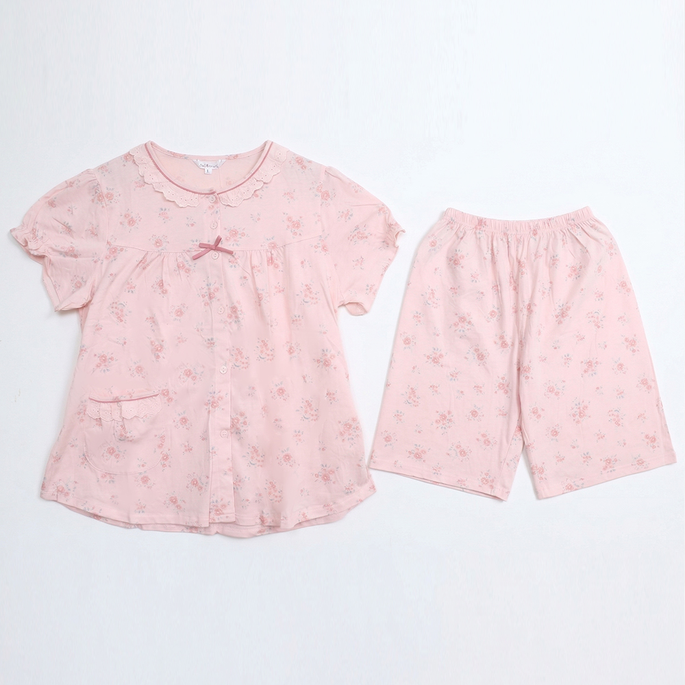 水漾小花 柔軟舒眠棉質 睡衣睡褲成套組(粉色)