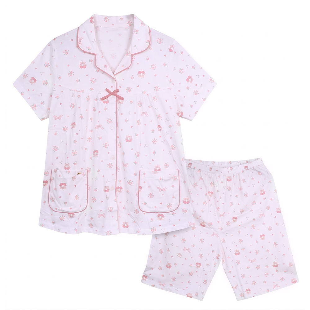 櫻桃小花 柔軟舒眠棉質 睡衣睡褲成套組(粉色)