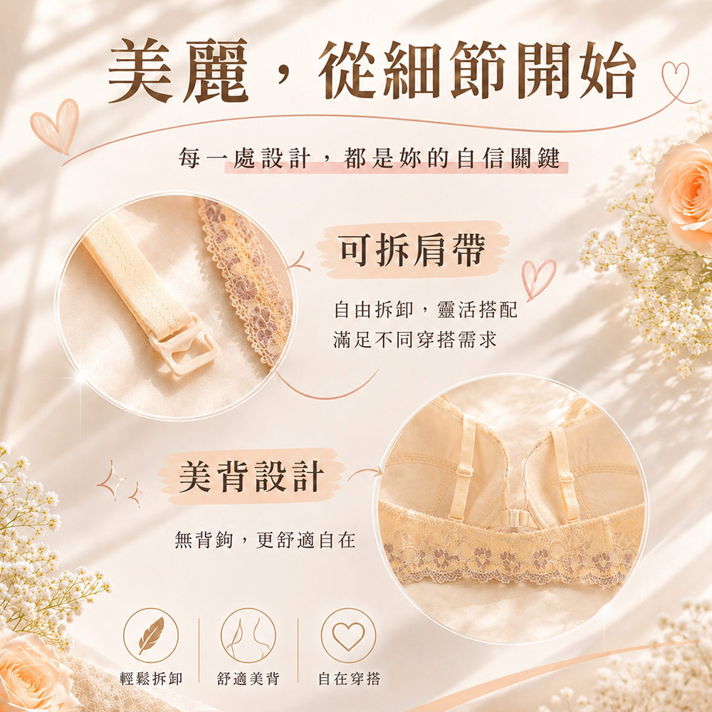 MIT台灣製 晨曦花語 前扣蕾絲內衣B罩杯(香檳)