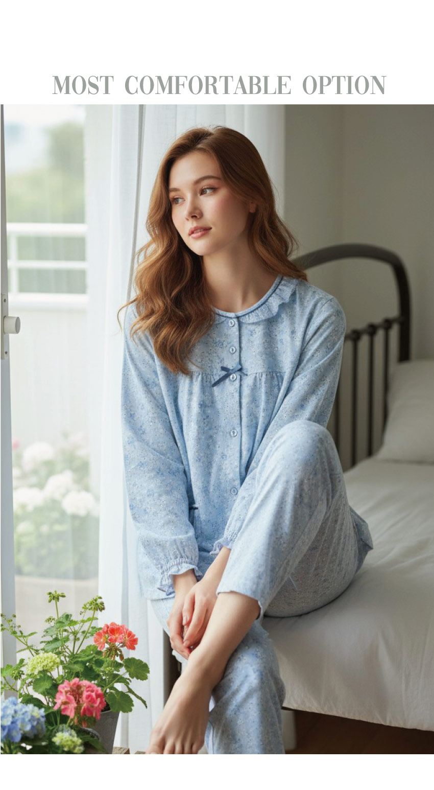 田園小花 柔軟舒眠棉質 睡衣睡褲成套組(藍色)