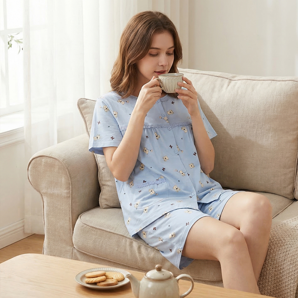 掬米熊熊 柔軟舒眠棉質 睡衣睡褲成套組(藍)