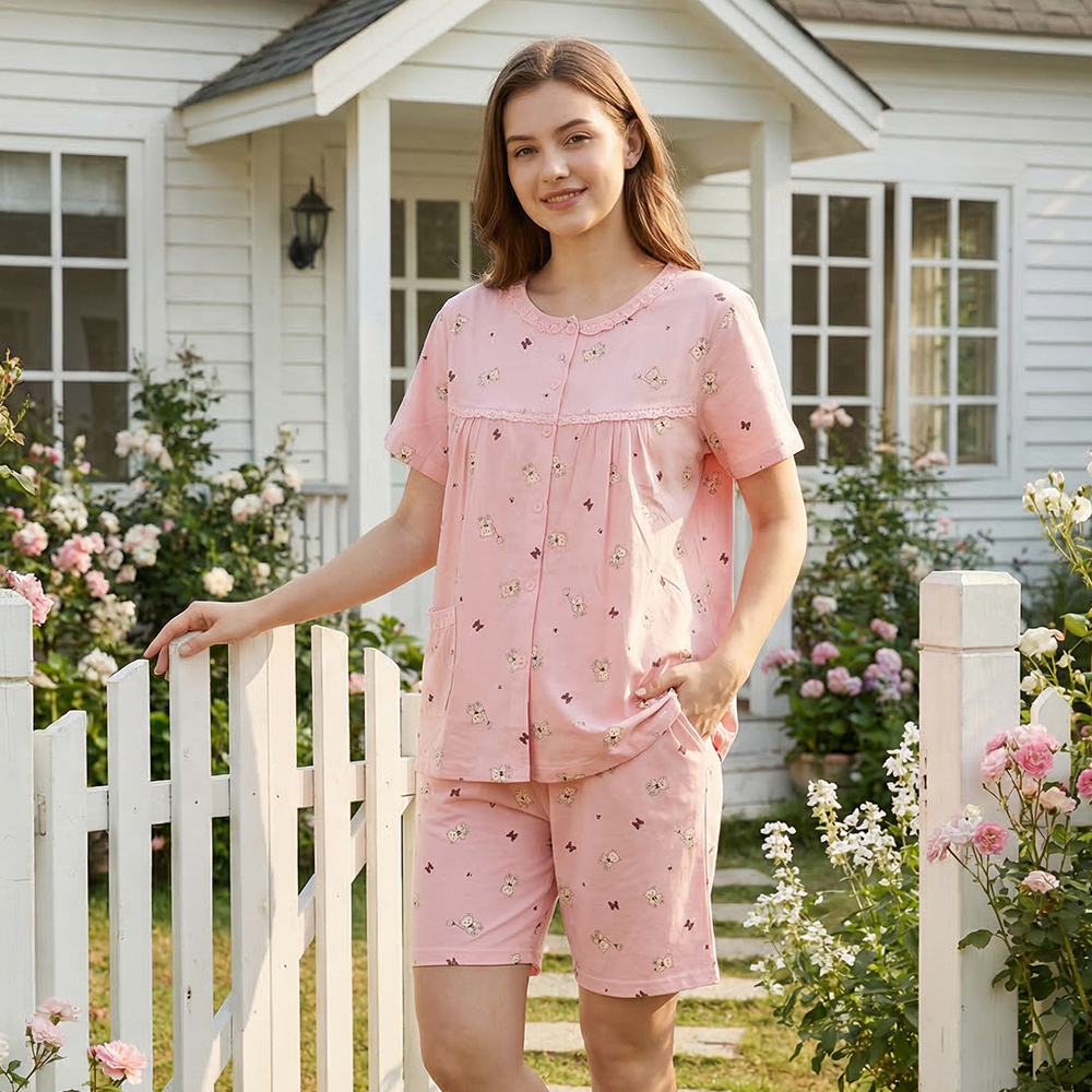 掬米熊熊 柔軟舒眠棉質 睡衣睡褲成套組(粉)