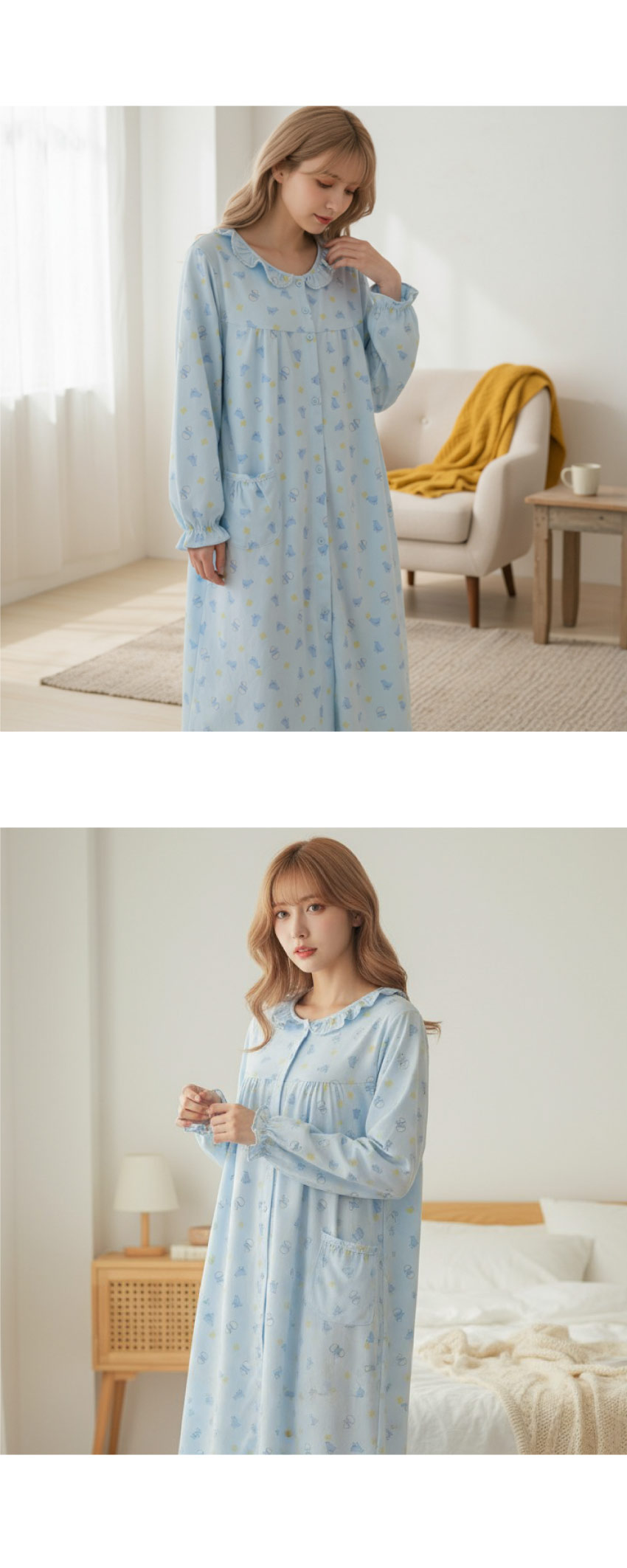 萌感小雞 柔軟舒眠棉質 連身裙睡衣(藍色)