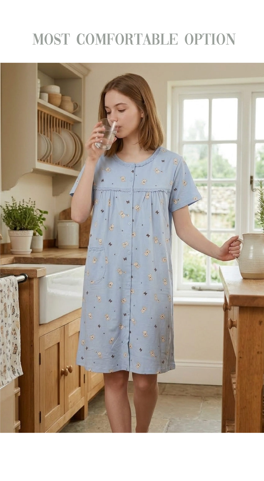 掬米熊熊 柔軟舒眠棉質 連身裙睡衣(藍)