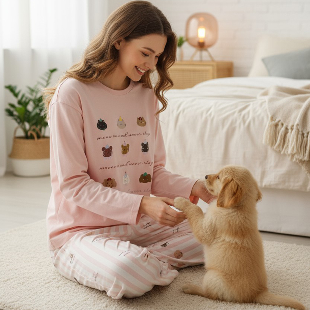 動物派對 柔軟舒眠棉質 睡衣睡褲成套組(粉柑色)