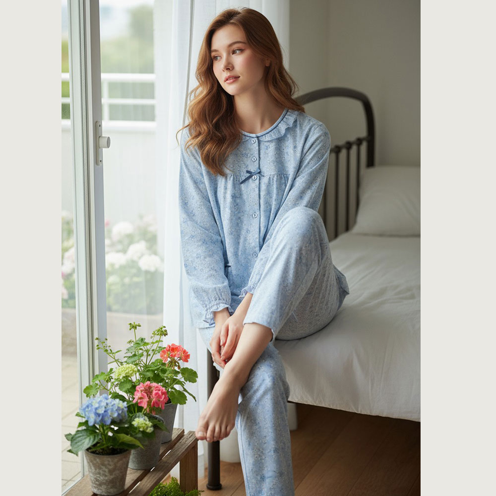 田園小花 柔軟舒眠棉質 睡衣睡褲成套組(藍色)