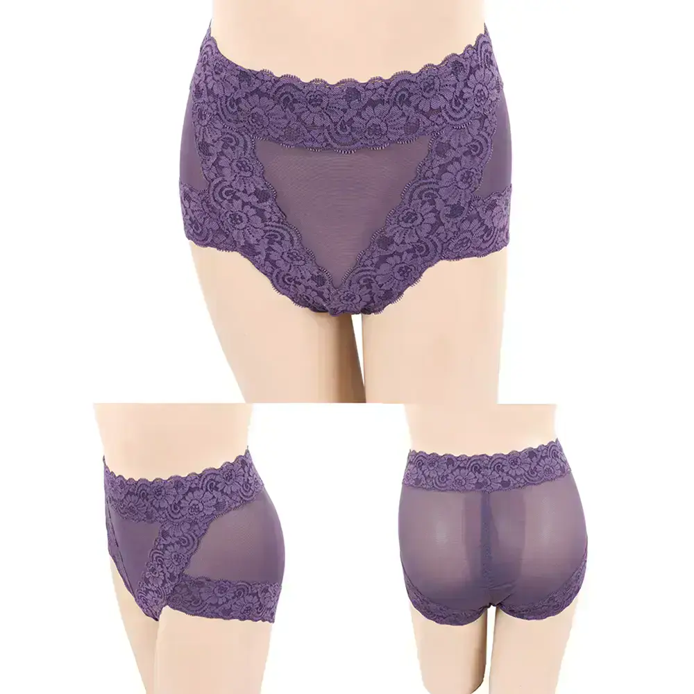 輕機能微塑 V蕾絲花邊美臀中腰三角修飾褲(深紫)