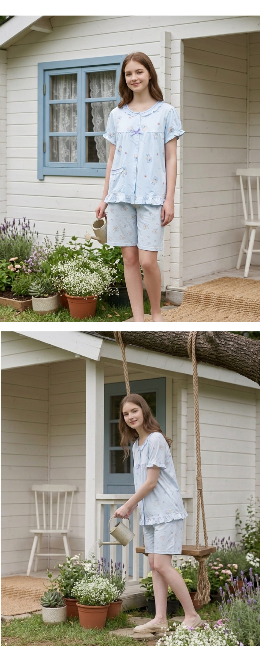 睡萌聚落 柔軟舒眠棉質 睡衣睡褲成套組(藍色)