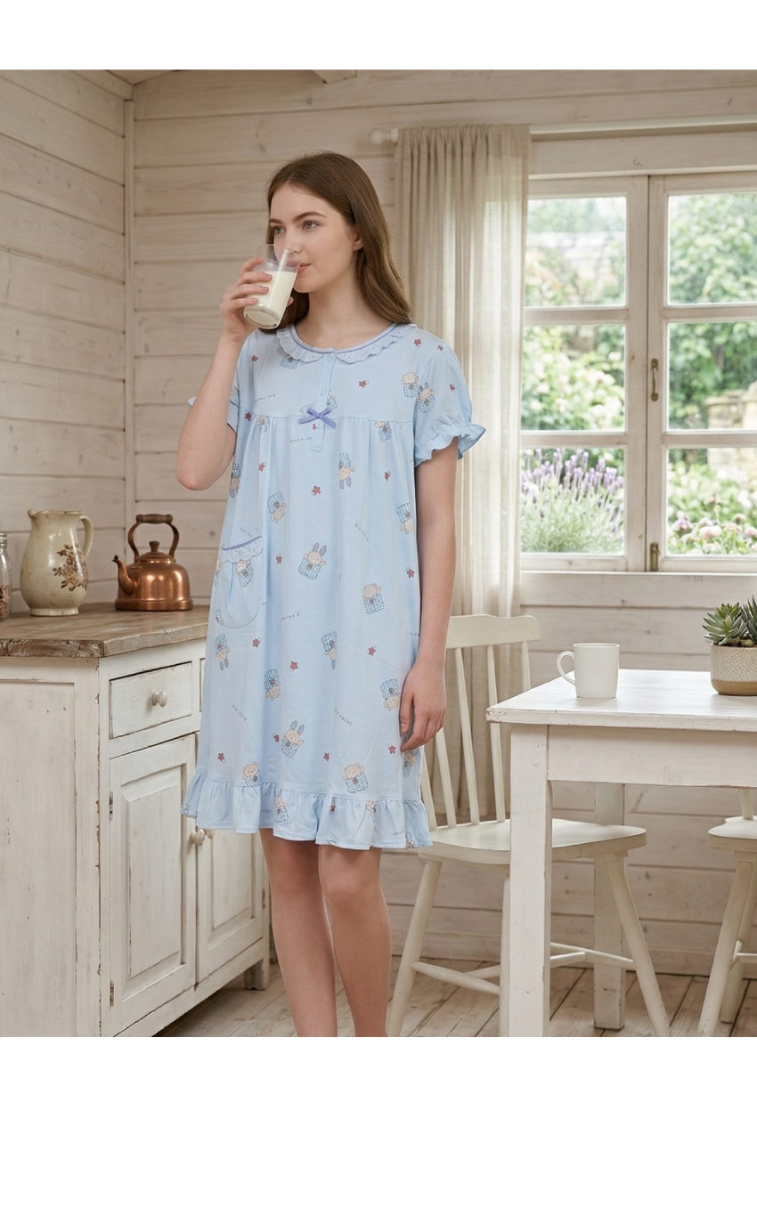 睡萌聚落 柔軟舒眠棉質 連身裙睡衣(藍)